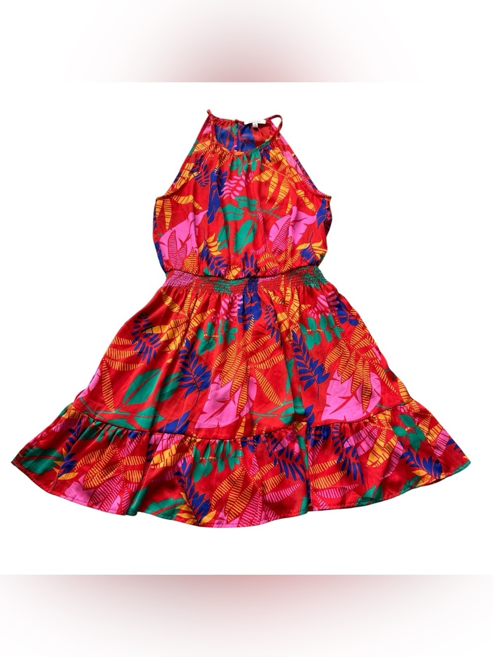 Tropical Satin Halter Midi Dress Red Pink Palm Print Resort Vacation Core Medium